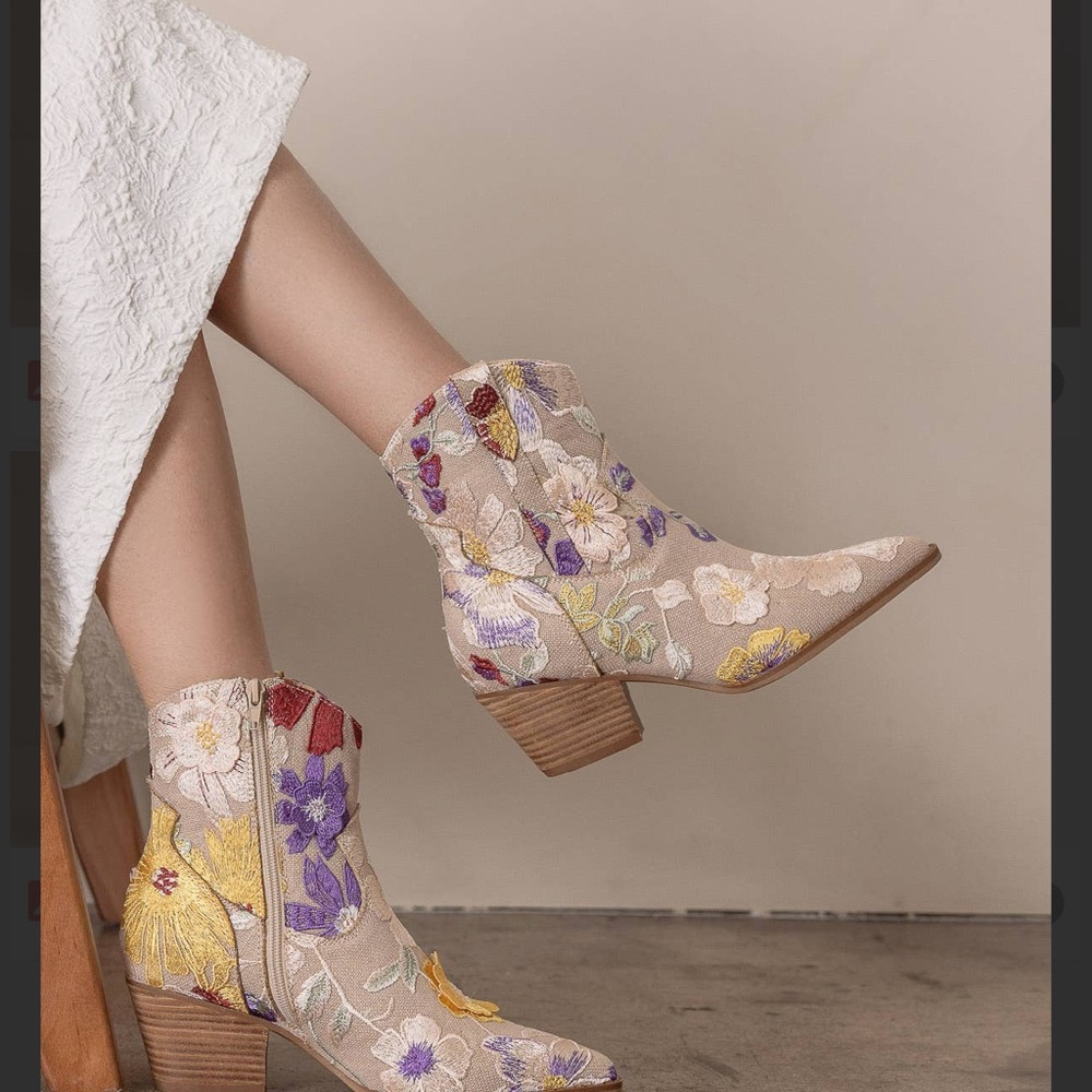 Embroidered Floral Ankle Boots - Beige with Multicolor Floral Accents - Picture 2 of 2